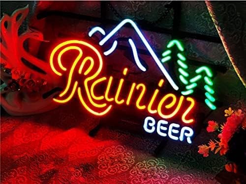 Funon Real Glass Neon Sign Rainier Beer Бела метална рамка 42x32cm Декорација светло пиво бар паб гаража соба