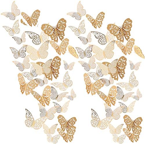 Senkary 72 парчиња злато 3D налепници на wallидови од пеперутка wallидни украси отстранливи метални декорации за хартија за домашни