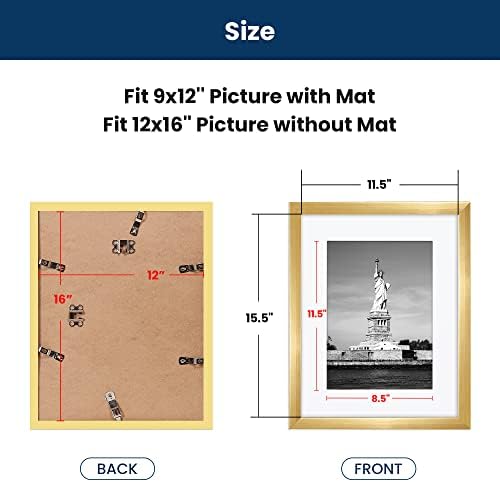 Уживајте во Basics 12x16 Рамка за слика, приказ на постер 9x12 со мат или 12 x 16 без мат, рамки за фотографии со wallидови, злато, 2 пакувања