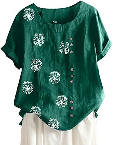 Женски обични памучни постелнина кошули 3/4 ракав плус големина врвови лабаво вклопени летни цвеќиња кошула копче за блузи, тунична манжетни