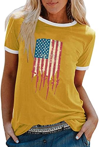 Американско знаме на 4 -ти јули врвови на женски ден за независност на жените, обичен краток ракав О вратот патриотски кошула пулвер