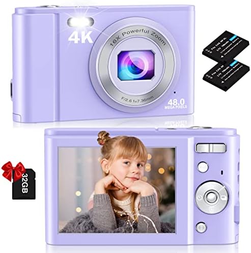Дигитална камера, NSOELA 4K FHD 48MP Детска камера со 32 GB картичка, компактна точка и фотоапарат за снимање, 2,8 LCD екран, 16x дигитален
