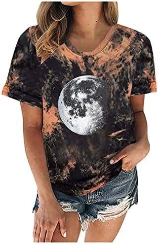 Гроздобер графички маички за маички за жени гроздобер месечина астронаут печати тинејџерки летни маици мода вратоврска боја тунична врвови