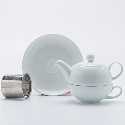 Б Септер со бел порцелан со бел порцелан, индивидуален чај, услуга за еден, 17 мл керамички чајник со инфузер и чаша 7oz и 6,75 чинија, чајник