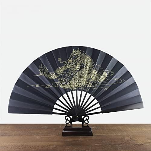 Lelamp Hand Fan Fan Black Fladed Large Folding Fan, кинески печатено златен змеј вентилатор, преклопување на вентилаторот за танцување за танцување на забави за забави за декорација за д