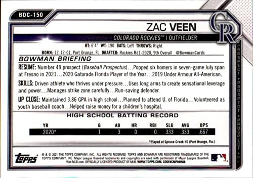 2021 Bowman Chrome Draft #BDC-150 ZAC VEEN RC RC DOBICIE COLORADO ROCKIES MLB CARTING CARTING
