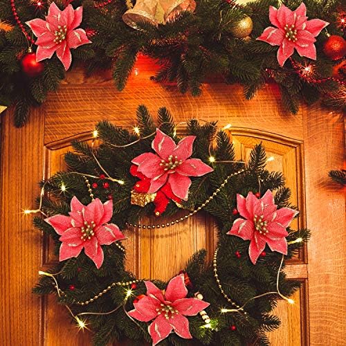 Willbond 24 парчиња 6 инчи Божиќни сјајни цвеќиња Декоративни faux цвеќиња за украси на новогодишни елки