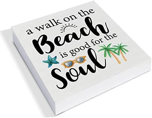 Прошетка на плажа е добра за душата дрвена кутија знак за декор, знак за плажа дрвена кутија блок знак летен знаци фарма куќа