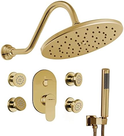 Сет за туширање со четкан со златен wallид од Брават со вентил миксер 3-насочен скриен