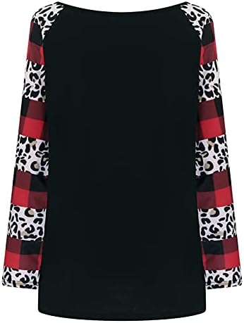 Долги ракави карирани кошули за жени обични модни врвови на туника меки лабава боја блок од леопард лажичка вратот блуза