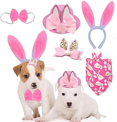 Cheeseandu 5 парчиња Велигденски миленичиња костуми сет, вклучувајќи и розови зајаче уши, лента за глава, лак за зајак, лак лак