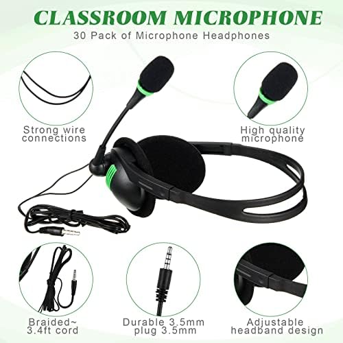30 слушалки за слушалки во училница слушалки со жични слушалки со микрофон со слушалки за црно -студенти со микрофон со 3,5 мм приклучок