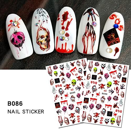 12 парчиња за Ноќта на вештерките 3Д нокти Астикерс Црвен крвен терор самолепливи декорации за нокти ултра-тенки 9,5х7,5 см лизгач