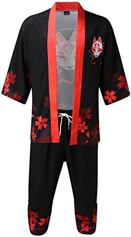 Машки јапонски кимоно кардиган сет стилски лабав отворен преден палто со исечени панталони кинески стил печатени обични костуми