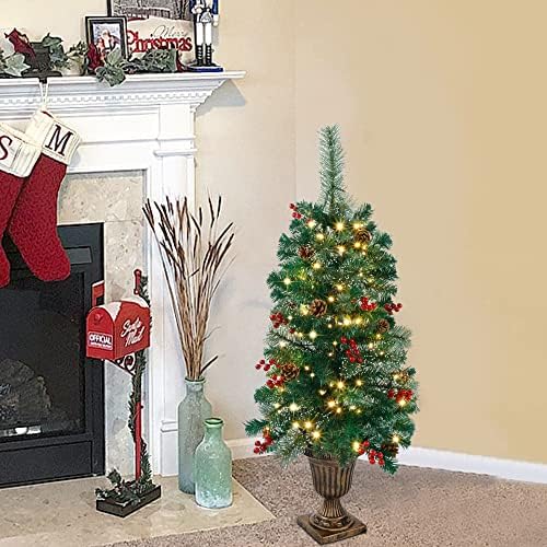 Juegoal 3 ft елка, пред-осветлена Crestwood Spruce Entrance Tree со 100 LED диоди самовила, бор конуси, црвени бобинки во златна урна база за влезна врата, тремот, вложување Божиќни украси,