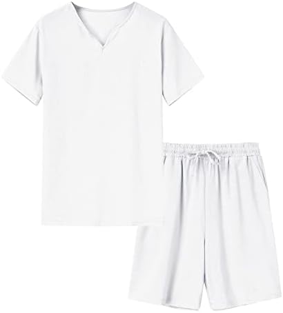 Менс шорцеви поставува 2 парчиња облека Обични летни постелнини постави кратки ракави Хенли кошула поставува обични обични плажа сет