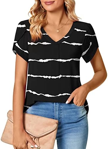 Краток ракав длабок V врат памук цветна графичка лабава фит бранч каваи маичка со блуза за кошула за тинејџери за тинејџери