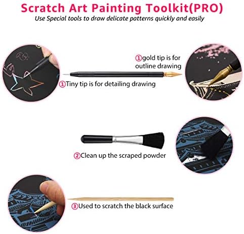 Scratch Art Rainbow Sainting Paper, занаетчиски материјали за материјали: 4 листови со 4 алатки, DIY занаети за гребење табла за