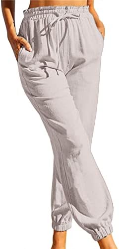 Beuu жени еластични половини удобни панталони со товари капри со џебови обични панталони за тренингот со цврсти памучни постелнина
