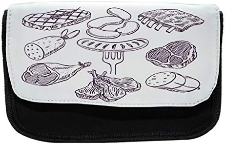 Случајна кутија со молив со храна, апетитирана уметност со месо од месо, торба со молив со ткаенини со двоен патент, 8,5 x 5,5, бледо сива слива