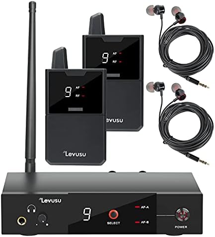 Систем за монитори на безжичен во уво Levusu UHF со слушалки, 180ft, монтажа на решетката, професионален IEM стерео систем за предавател