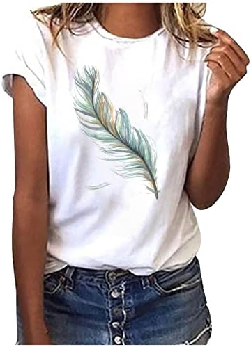 Лето што излегува на врвови за жени, женски пердуви печати маички со кратки ракави врвови на екипаж графички маици