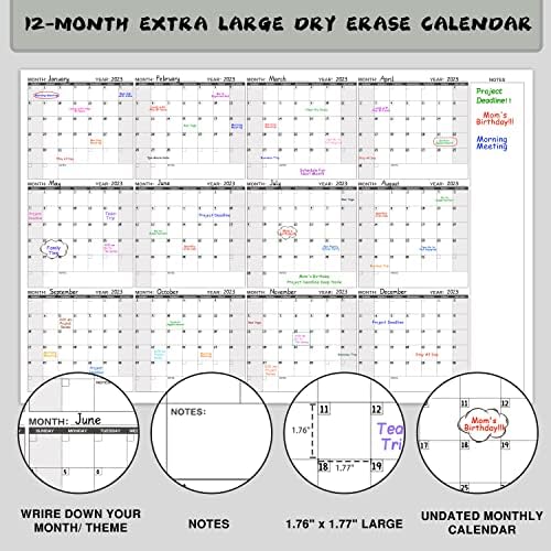 Голем календар за суво бришење за wallид-годишен календар на wallидови, суво бришење, 58 x 37, 12-месечен нетрпелив календарски