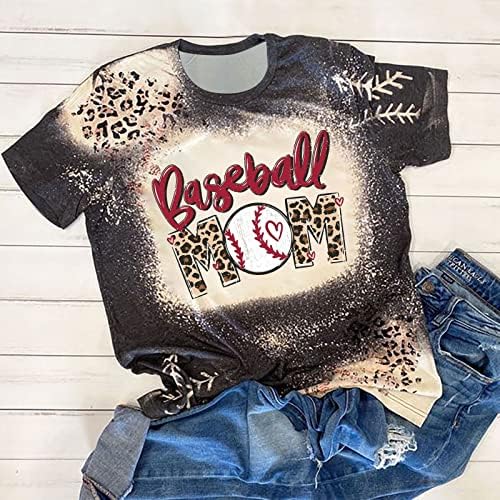 Женски маици бејзбол мама леопард печатена кошула модна буква графички врвови лето лето-вратот со кратки ракави мета
