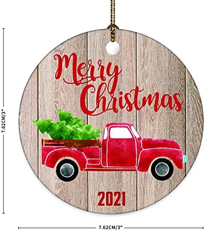 Среќен Божиќ 2021 година Сувенир керамички украси Црвен автомобил со покрив на новогодишна елка 3x3 инчи двострана печатење на новогодишни