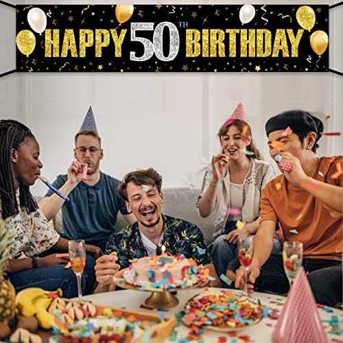 50 -ти роденденски банер украси за мажи, црно злато среќно 50 роденденски двор знак за знак за забави, педесетгодишни украси за роденденска забава