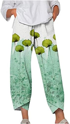 Женски летни постелнини панталони капри јога широки панталони со нозе обични лабави еластични високи половини цветни панталони со џебови