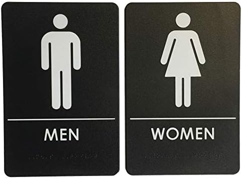 Машки и жени за тоалети за тоалети за бања во согласност со АДА, знаци за канцеларии, бизниси и ресторани, направени во САД