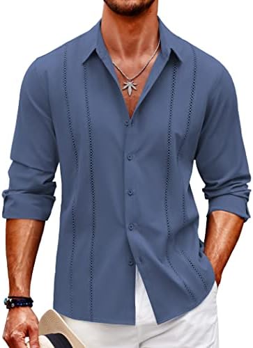 Coofandy Mens Cuban Guayabera кошула случајно копче надолу кошули со долги ракави ленени кошули