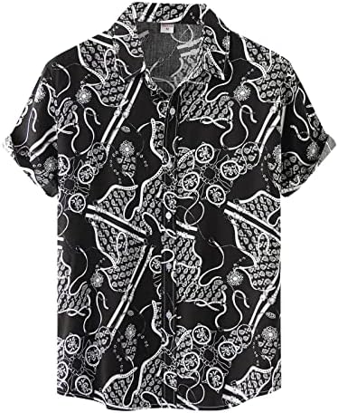 Машка лежерна модна кошула Топ цветни цветни Хаваи печатени врвови на стилски кошула со кратки ракави за вртење на јака кошула