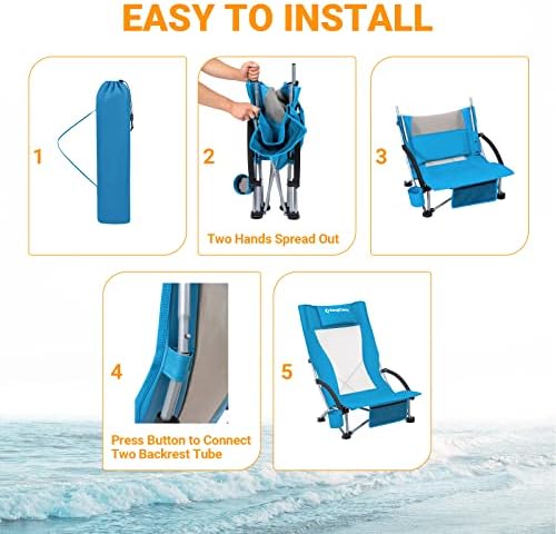 Kingcamp ниско прашка столици на плажа, преклопување на задниот стол што се повлекува за возрасни со потпирач за глава, држач за чаши,