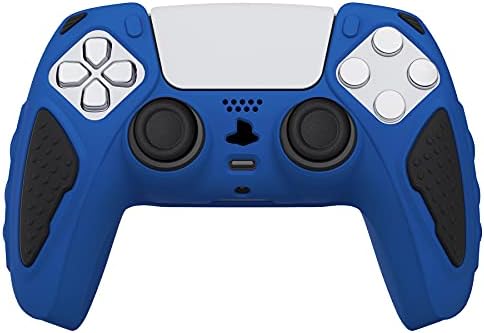 PlayVital дво-тон силиконски капак за PS5 контролер, анти-лизгање гума кутија за PS5 контролер со капачиња за зафат на палецот-сини и црни