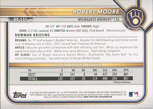 2022 Bowman Draft BD-131 Robert Moore RC RC Dookie Milwaukee Brewers Официјална картичка за тргување со бејзбол