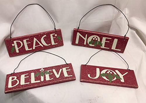 Орнаменти - сет од 4 - црвена дрвена елка празник дома декор „радост“ „мир“ „Ноел“ „Верувај“