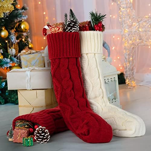 Burnубеа 4 пакет 18 инчи Божиќни чорапи, Божиќно порибување постави двојно гранични украси со кабелски декорации за семеен празник
