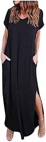 Женски обичен лабав џеб долг фустан едноставен цврст v врат краток ракав страничен разделен макси фустани џебови