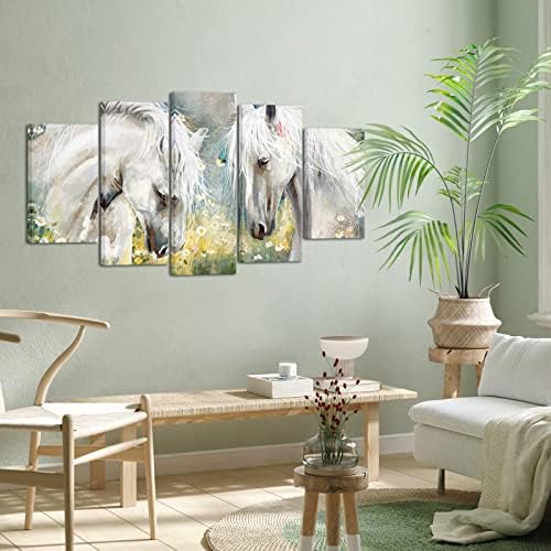 Levvarts 5 парчиња бело коњ платно wallидни уметности романтични коњи со слика за сликање со диви цвеќиња на платно модерна животинска уметност за домашна канцеларија за