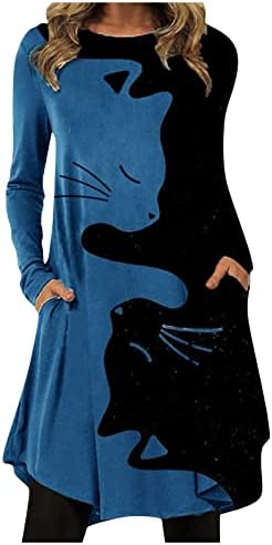 Мода жени околу вратот мачки печатење фустан неправилен лесен лабав фустан
