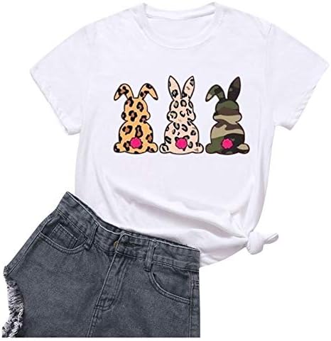 Зајак Велигденска маица за жени плус големина со големина кратки ракави, врвни зајачки графички блузи, тркалезен врат лабав пулвер