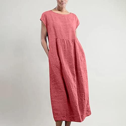 Хоксин женски летен обичен фустан Бохо плус големина памук постелнина макси фустани капаче за ракав цврсто лабава проточна плетена долга