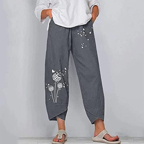 Вокачи летни капри панталони за жени обични џебови памучни постелнини широко влечење на ногата еластична половината на каприс култури дното