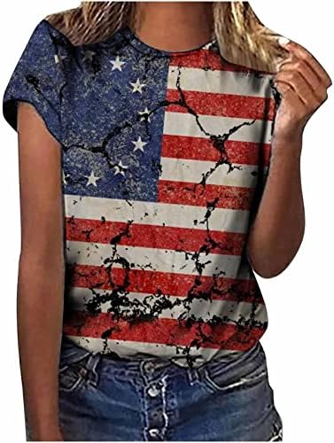 Женски летни обични кошули Американски блузи на американско знаме жени 4 -ти јули патриотски маички starsвезди ленти печатени
