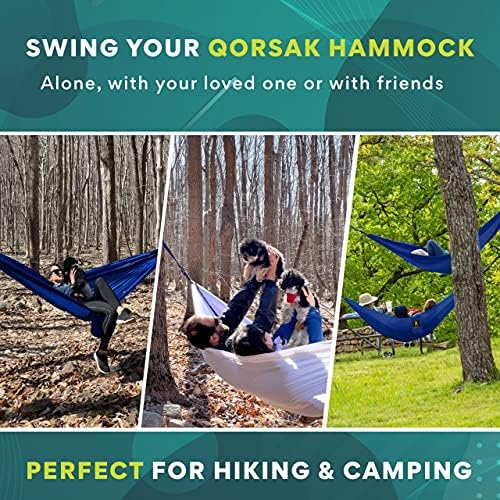 Хамак за кампување Qorsak - Двоен хамак со ремени пријателски за дрвја | 2 лице преносен, лесен и рипстоп - големи дрвени хамакови за кампување,