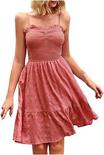 Летни фустани на wpoumv за жени обични шпагети каиш цврста боја руширан фустан на плажа трендовски фустан без ракави без ракави