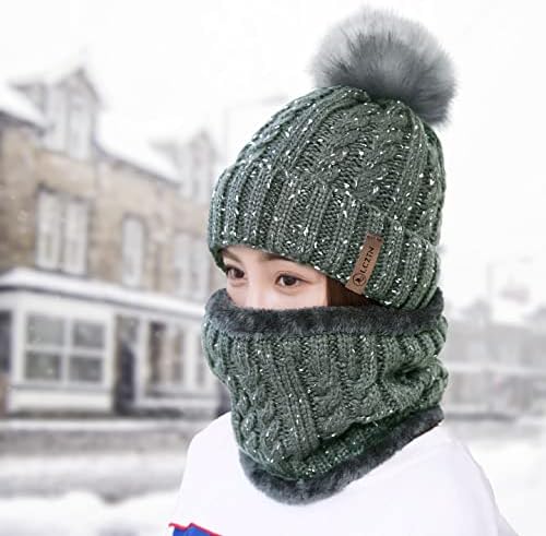 Lcztn женски пом -бени шал шамија сет девојки симпатична зимска скијачка капаче плетена череп капа со руно наредени