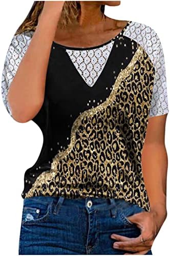Летни врвови за жени обични леопард печатени маици со кратки ракави лабави чипка од капчиња од врвови на врвовите на вратот на вратот